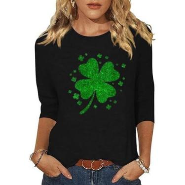 Imagem de Camisa Peugryu St Patrick's Day Shamrock Clover feminina de manga 3/4