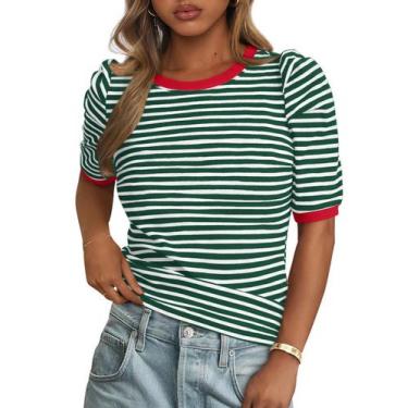 Imagem de Camiseta feminina PRETTYGARDEN, de verão, colorida, listrada, verde