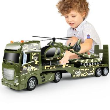 Imagem de Caminhão de brinquedo Dwi Dowellin Green Military com helicópteros e t