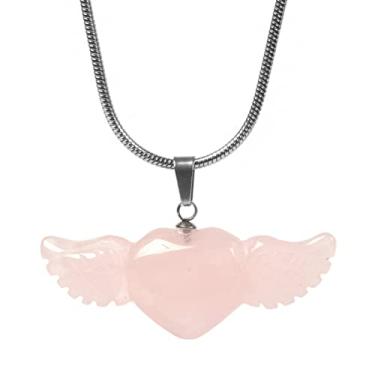 Imagem de Justinstones Pingente de asa de coração de quartzo rosa natural curativo Reiki amor coração asa de anjo colar 56 cm