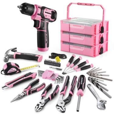 Imagem de Furadeira sem fio WORKPRO Pink com caixa de ferramentas, conjunto de f