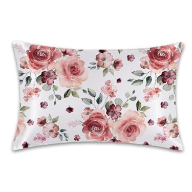 Imagem de Capa de almofada de cetim com flores e folhas de rosa primavera, tamanho king, fronhas macias para cabelo e pele semelhantes à seda, fronhas com zíper oculto, acessórios de cama, 50 x 91 cm, 1 pacote