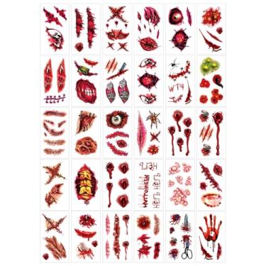 Imagem de YouNuo 30 folhas de tatuagens temporárias de Halloween, adesivos de tatuagem de zumbi para cicatriz de horror, ferimento falso sangrento realista para festa à fantasia do Chucky, mulheres e homens, à