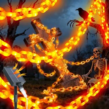 Imagem de Cordão de luzes solares para decoração de Halloween - 3 m, 200 luzes LED laranja de plástico estilo corrente, com função à prova d'água, 8 modos de iluminação e função de temporizador