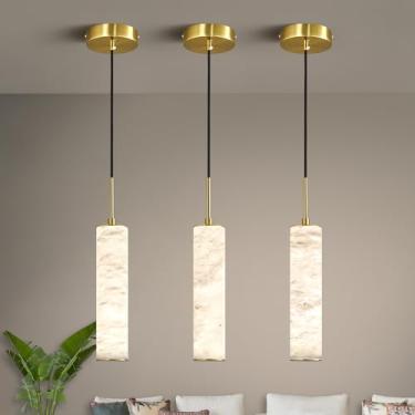 Imagem de LMQNINE Luminárias Pendentes De Alabastro Natural Para Ilha De Cozinha, Lustre Longo De Mármore Branco, Luminárias De Teto Modernas Douradas Para Quarto, Sala De Jantar, Mesa, Sala De Estar, Corred