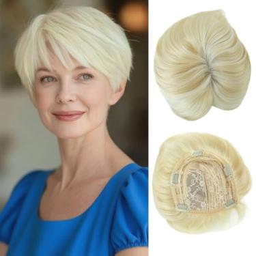 Imagem de BCUS Toppers de cabelo para mulheres com cobertura grande de 15,2 cm x 16,5 cm Pixie Cut Short Hair Topper Fluffy Synthetic Hair Pieces Clip In Bangs (loiro misto branco)