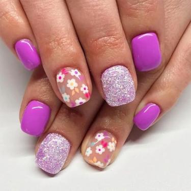 Imagem de Pruple Unhas postiças quadradas curtas com desenhos de flores, cola com glitter, unhas postiças, brilhantes, acrílicas, reutilizáveis, 24 peças