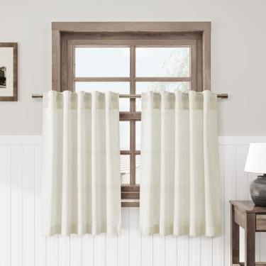 Imagem de Cortinas de linho bege quente café 61 cm de comprimento privacidade filtragem de luz semitransparente porta frontal pequena cortina traseira bolso haste cortinas curtas plissadas para banheiro cozinha