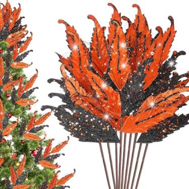 Imagem de HyDren 10 peças de folhas de glitter de Natal grandes ornamentos para palitos de árvore de Natal, sprays, galhos, ramos, florais para decoração de guirlanda de árvore de Natal, decoração DIY (preto e