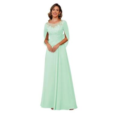 Imagem de Vestido RUMUGUYA Mãe da Noiva A Line Chiffon Verde Menta