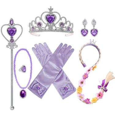 Imagem de Yosbabe Acessórios Para Vestir A Princesa Rapunzel Meninas - Peruca, Coroa, Cetro, Luvas, Colar, Brincos, Presentes E Fantasias Festa Da Sofia