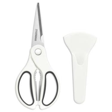 Imagem de Tesoura de cozinha com suporte magnético, tesouras de cozinha resistentes e bainha magnética para geladeira, conjunto de tesouras brancas para alimentos, carne, pizza, ervas, legumes