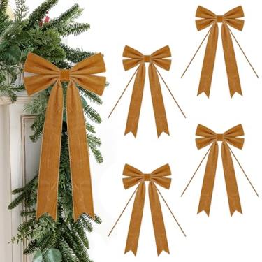 Imagem de 4 peças de laços de fita de veludo, arco grande de árvore de Natal com cauda longa para embrulhar presente, guirlanda, lareira, escada, porta, janela, decoração de casa de casamento (4, cáqui)
