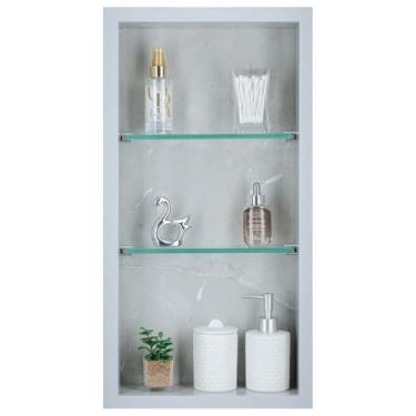 Imagem de Nicho Vertical em Porcelanato Polido (Cinza/Claro) - 2 Prateleiras de Vidro, Borda em Alumínio, 60x30x11 cm, Para Banheiro, Organizador de Produtos de Higiene