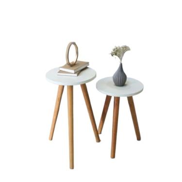 Imagem de Mesa Lateral Redonda - Conjunto em Madeira, Estilo Retro para Sala/Quarto(Branca)