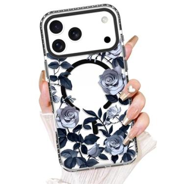 Imagem de AIGOMARA Capa floral para iPhone 17 Pro Max [compatível com MagSafe] Padrão de flor rosa branca com capa de telefone transparente para mulheres Gilrs TPU macio e PC capa protetora traseira fina