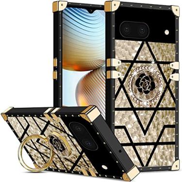Imagem de CCSmall Capa de telefone quadrada clássica para Google Pixel 7 com suporte de anel, luxuosa decoração de metal elegante de canto TPU macio capa feminina para Google Pixel 7 BF xadrez dourado