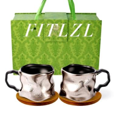Imagem de FITLZL Conjunto de 2 canecas de café com revestimento de prata de titânio de cerâmica para latte, cappuccino, chá, inclui colher e caixa de presente, presente de aposentadoria perfeito para mulheres