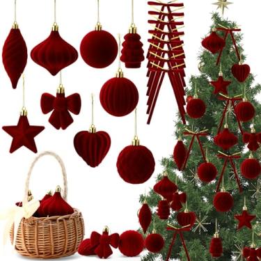 Imagem de Jenaai Conjunto de 48 enfeites de bola de Natal de veludo com laço de guirlanda sortidos, bolas de Natal à prova de estilhaçamento, laços de veludo, enfeites de árvore de Natal pendurados para festas