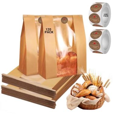 Imagem de Sacos de pão de fermento com trava de estanho - pacote com 120 sacos de pão de papel de 35 x 9 x 20 cm para sacos de pão caseiros para biscoitos de pão com janela transparente 1000 etiquetas sacos de