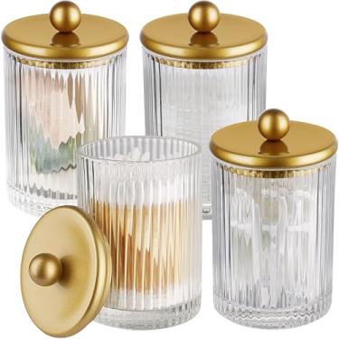 Imagem de SheeChung Dispensador de suporte Qtip, pacote com 4, frascos de boticário de vidro com tampas, vasilhas de bancada para banheiro de hóspedes - Organizador de vaidade para algodão redondo/bolas/blocos