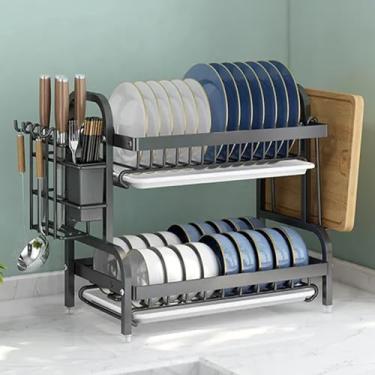 Imagem de AKALNNB Estante de secagem para balcão de cozinha, escorredor de pratos multifuncional, coadores grandes, escorredor de louça, escorredor de pratos com suporte de utensílios (Noir 42,5 x 24 x 63 cm