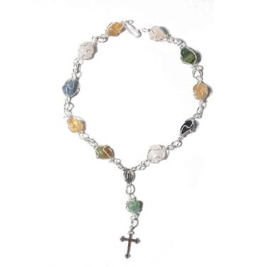 Imagem de Pulseira Terço de Pedras Naturais Mistas Roladas em Gaiola Prateada - 