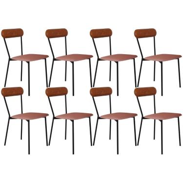 Imagem de Kit 08 Cadeiras Estofada Para Sala de Jantar Liora Preto C01 Linho Rosê Courino Caramelo - Lyam Decor