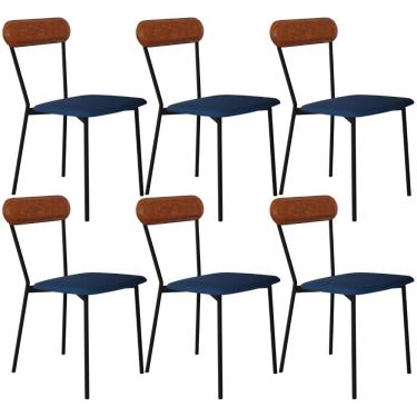 Imagem de Kit 06 Cadeiras Estofada Para Sala de Jantar Liora Preto C01 Linho Azul Courino Caramelo  - Lyam Decor