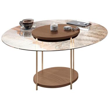 Imagem de Mesa de Centro Para Sala Redonda Tampo Vidro Pés Aço Allure B01 Castanho - Lyam Decor