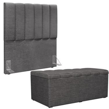 Imagem de Kit Cabeceira Cama Box Solteiro 100cm Com Calçadeira Baú Dália W01 Linho Cinza Escuro - Lyam Decor