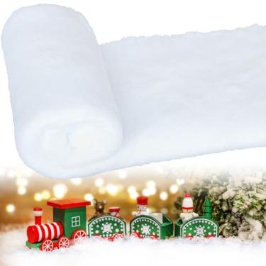 Imagem de Hifunwu 1 pacote de cobertor de neve de Natal, sob a árvore de Natal - capa de neve grossa branca macia e falsa para decoração de férias e exibições de inverno (2,4 x 0,9 m)