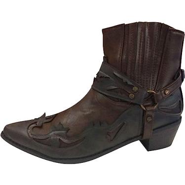 Imagem de Botas masculinas de couro PU com bico fino bordado, botas de inverno vintage com fivela e alça de fivela, Marrom, 13