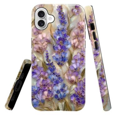 Imagem de heindiy Compatível com iPhone 16 Plus, capa brilhante, proteção total, à prova de choque, anti-arranhões, capa de TPU, capas para homem mulher - lavanda flor flor vitral