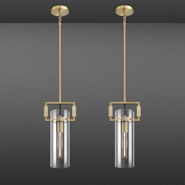 Imagem de YKYQQLT 2 unidades de luzes pendentes modernas de latão, pingente de vidro de 30,5 cm, luminárias pendentes de ilha de cozinha douradas, luminária pendente de fazenda, para cozinha, sala de jantar