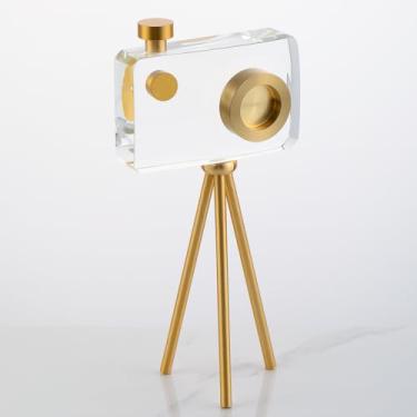 Imagem de JOASURA Estátuas de decoração de casa - suporte pequeno dourado para câmera de cristal, presente de estatuetas de cristal, decoração de mesa de escritório, estatuetas colecionáveis de vidro, itens