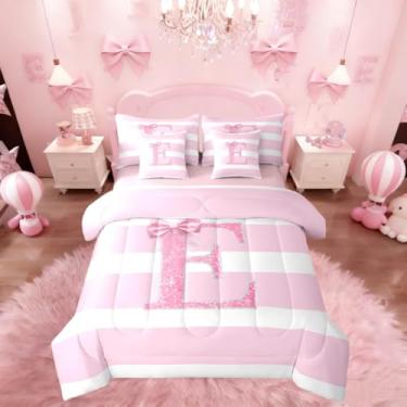 Imagem de Erosebridal Jogo de lençol Kawaii, tamanho casal, monograma, letra E, com laço rosa, 7 peças, para quarto de crianças, adolescentes e mulheres, personalizado, com inicial listrada