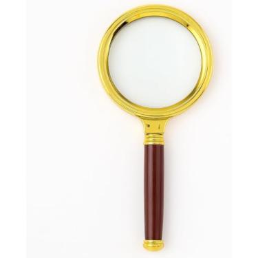 Imagem de Lupa de Mão Premium, Lente de Aumento 5x, 70mm, Cabo em Madeira e Aro Dourado, para Leitura e Detalhes