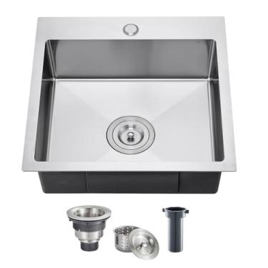 Imagem de Pia de cozinha com furo único - TSIBOMU 45,7 x 45,7 cm, pia de cozinha pequena, tigela de lavatório de 15,2 cm de profundidade, aço inoxidável escovado feito à mão para pia de barra, D45 cm x L 45 cm