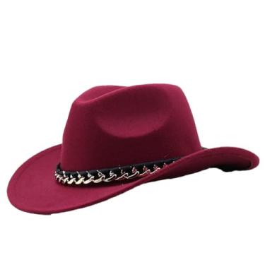 Imagem de Chapéu Fedora feminino masculino chapéu de sol chapéu de cowboy decoração corrente aba larga boné de feltro jazz 07 vinho tinto masculino (59-60 cm)