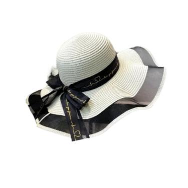 Imagem de Chapéus femininos de verão com aba de palha chapéu de sol com proteção de laço bonés de praia sombreados cor 3 56-58 cm