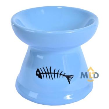 Imagem de Comedouro e Bebedouro Elevado para Gatos e Cães Pequenos em Cerâmica – Design Ergonômico Antiderrapante, Reduz Refluxo e Fadiga dos Bigodes (KIT 2 M AZUL COMEDOU/BEBEDOURO)
