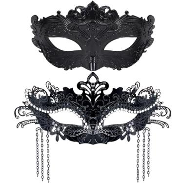 Imagem de SIQUK Conjunto de máscaras de baile de máscaras para casais, máscaras venezianas de festa de Halloween, máscara de baile de máscaras pretas para casais, mulheres e homens