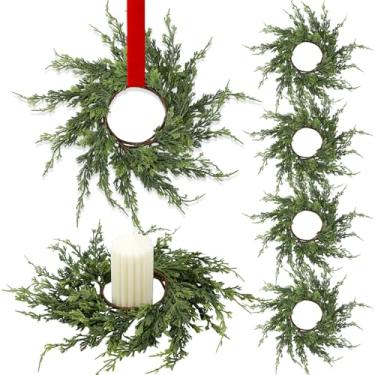 Imagem de Vesici 4 peças de anéis de vela de Natal de 12,6 polegadas, guirlanda de cedro artificial, mini guirlanda de armário de cozinha, decoração de mesa de Natal para decoração de mesa de Natal, casamento