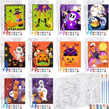 Imagem de Blosssound 10 conjuntos de pintura em tela pré-impressa de bruxa de Halloween com kits de cavalete 12,7 cm x 17,8 cm painéis de pintura de contorno para iniciantes, projetos de artesanato DIY