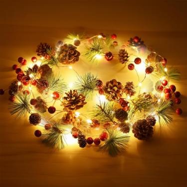 Imagem de XCRUI 2 unidades de luzes de cordão de pinhas de Natal, guirlanda de Natal de 1,8 m com luzes, guirlanda de pinha operada por bateria de 20 LEDs para casamentos, festas de família, decorações de Natal