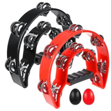 Imagem de Pacote com 2 tambores de percussão de mão de 25,4 cm Half Moon Musical Tambor de Percussão Multicolorido para Adultos, Festa KTV com Alça Ergonômica (Preto e Vermelho)