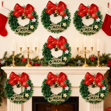 Imagem de Enfeite de guirlanda de Natal com laço vermelho e sino – Mini guirlanda de tinsel verde, decoração festiva de pendurar para porta, árvore, parede, decoração de festa de férias em casa (vermelho-12)