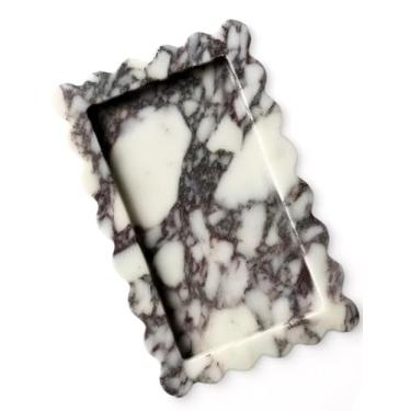 Imagem de Bandeja de mármore recortada – Bandeja de pedra feita à mão de 25 cm para balcão, cômoda, penteadeira, joias, mesa de cabeceira e decoração de banheiro (Calacatta Viola, Retângulo)