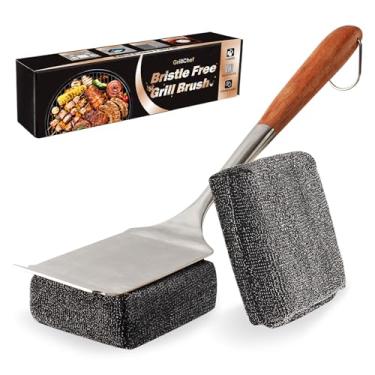 Imagem de GrillChef Escova de grelha sem cerdas, escova de limpeza de churrasco com cabeças de substituição de fibra de aço grossas de 4 cm, cabo de madeira de pérola, limpeza segura da churrasqueira a vapor